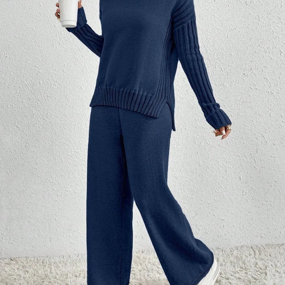 Royal Blue Casual Women's High Neck Drop Shoulder Sweater And Pants - Picture 5 of 5